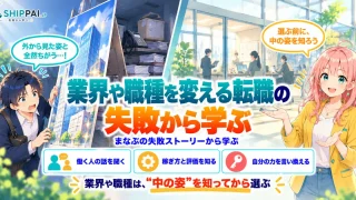 業界や職種を変える転職の失敗から学ぶポイントを紹介するSHIPPAI.JPの記事アイキャッチ。まなぶとみらいのイラスト付き