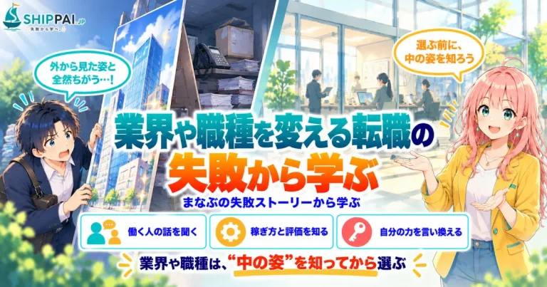 業界や職種を変える転職の失敗から学ぶポイントを紹介するSHIPPAI.JPの記事アイキャッチ。まなぶとみらいのイラスト付き