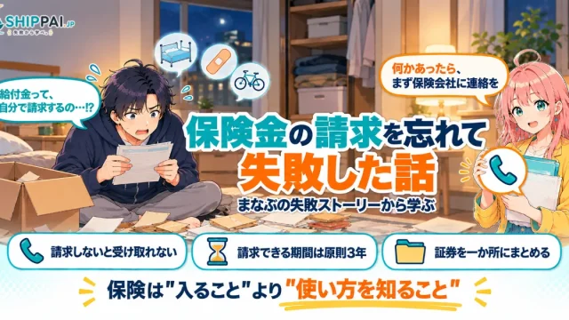 保険金の請求を忘れて失敗した話を紹介するSHIPPAI.JPの記事アイキャッチ。まなぶとみらいのイラスト付き