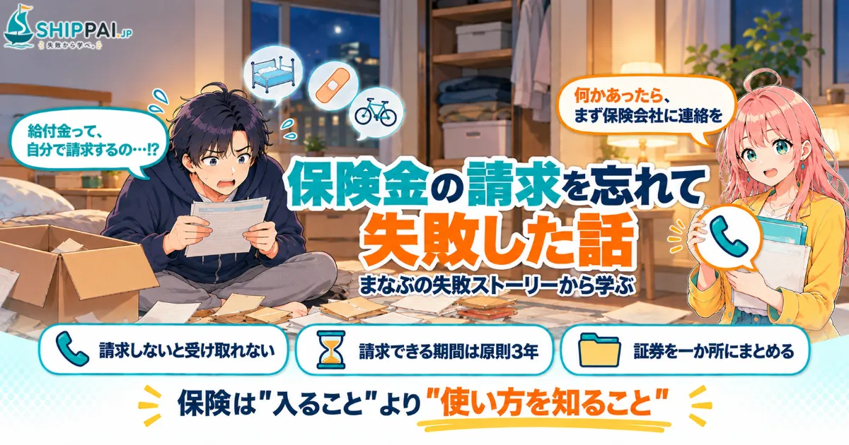 保険金の請求を忘れて失敗した話を紹介するSHIPPAI.JPの記事アイキャッチ。まなぶとみらいのイラスト付き