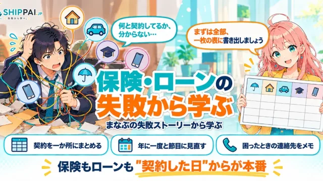保険・ローンの失敗から学ぶを紹介するSHIPPAI.JPの記事アイキャッチ。まなぶとみらいのイラスト付き