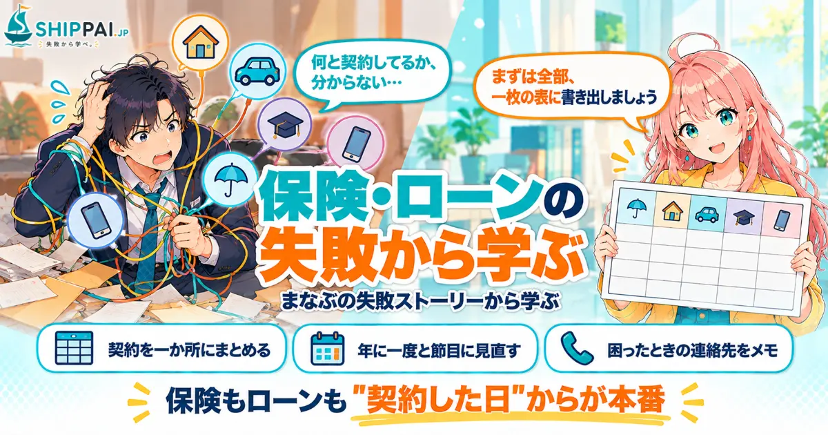 保険・ローンの失敗から学ぶを紹介するSHIPPAI.JPの記事アイキャッチ。まなぶとみらいのイラスト付き