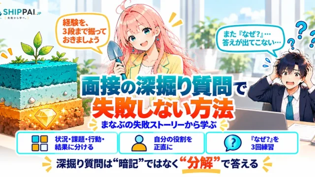 面接の深掘り質問で失敗しない方法を紹介するSHIPPAI.JPの記事アイキャッチ。まなぶとみらいのイラスト付き
