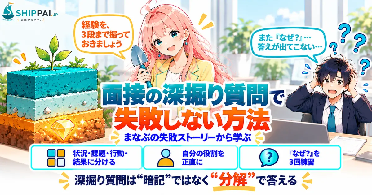 面接の深掘り質問で失敗しない方法を紹介するSHIPPAI.JPの記事アイキャッチ。まなぶとみらいのイラスト付き