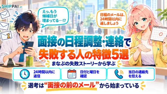 面接の日程調整・連絡で失敗する人の特徴5選を紹介するSHIPPAI.JPの記事アイキャッチ。まなぶとみらいのイラスト付き