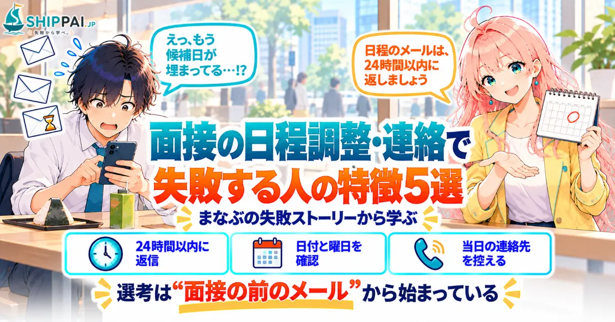 面接の日程調整・連絡で失敗する人の特徴5選を紹介するSHIPPAI.JPの記事アイキャッチ。まなぶとみらいのイラスト付き