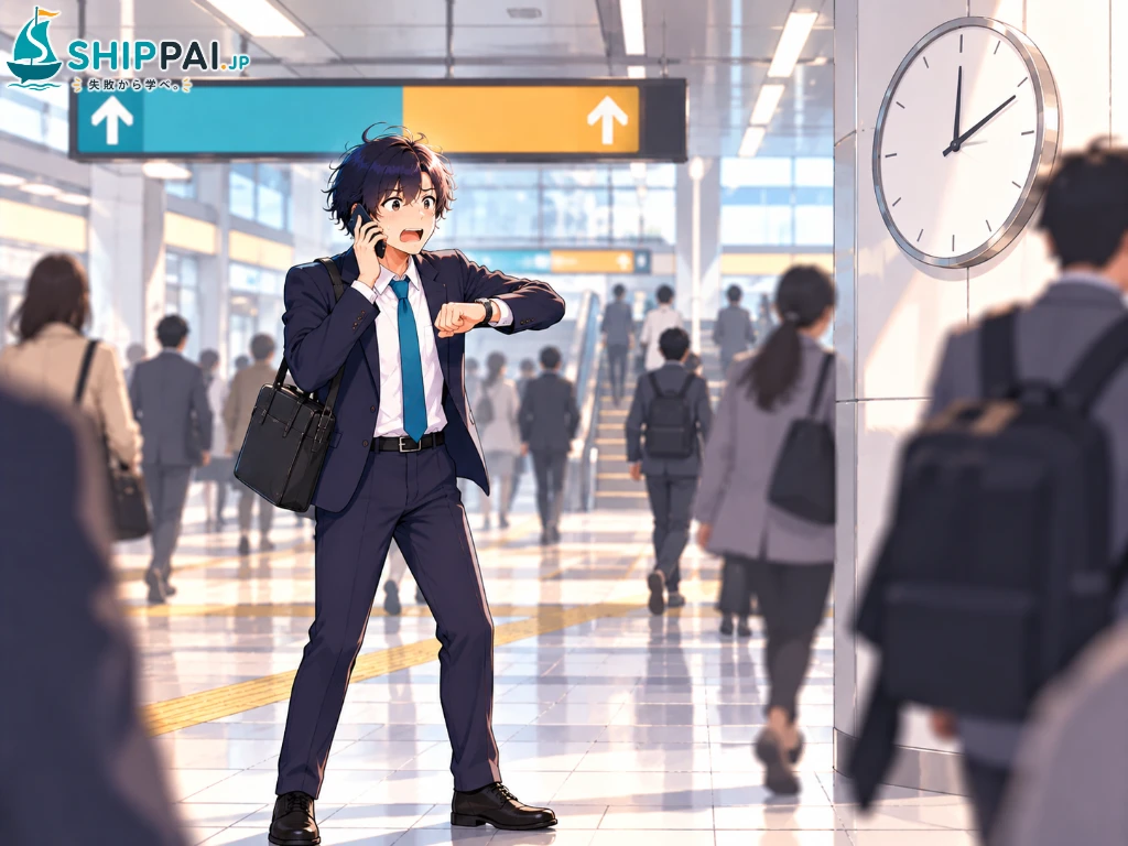 面接の当日、慣れない駅の乗り換え通路で時計を見上げながら、遅刻の連絡の電話をかけて焦るまなぶのイラスト