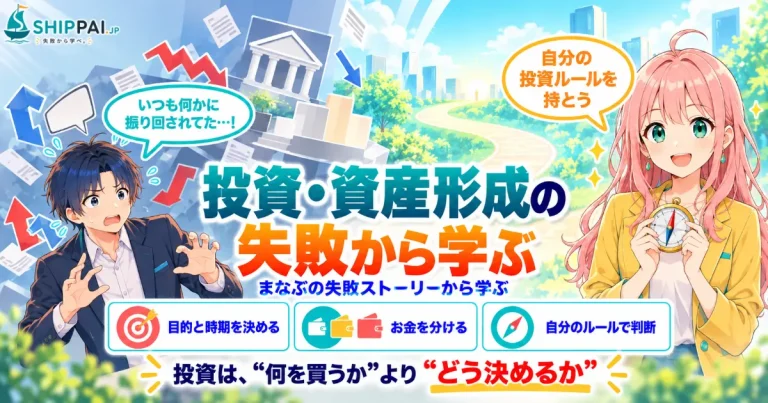 投資・資産形成の失敗から学ぶポイントを紹介するSHIPPAI.JPの記事アイキャッチ。まなぶとみらいのイラスト付き