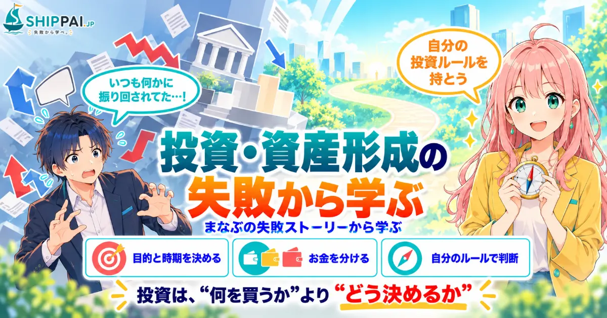 投資・資産形成の失敗から学ぶポイントを紹介するSHIPPAI.JPの記事アイキャッチ。まなぶとみらいのイラスト付き