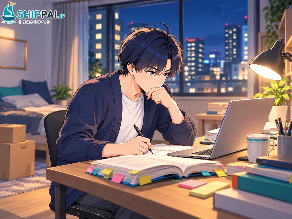 IT企業に入社した12月の夜、ひとり暮らしの部屋で、会議で分からなかったIT用語をノートPCで一つずつ調べるまなぶのイラスト