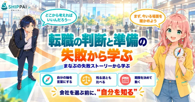 転職の判断と準備の失敗から学ぶポイントを紹介するSHIPPAI.JPの記事アイキャッチ。まなぶとみらいのイラスト付き