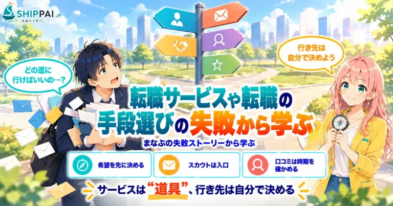 転職サービスや転職の手段選びの失敗から学ぶポイントを紹介するSHIPPAI.JPの記事アイキャッチ。まなぶとみらいのイラスト付き
