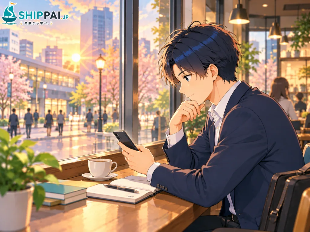 春の夕方のカフェで、届いたスカウトを一通ずつ読み、自分の考えをノートにまとめるまなぶのイラスト