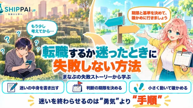 転職するか迷ったときに失敗しない方法を紹介するSHIPPAI.JPの記事アイキャッチ。まなぶとみらいのイラスト付き