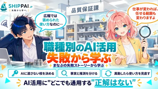 職種別のAI活用失敗から学ぶポイントを紹介するSHIPPAI.JPの記事アイキャッチ。まなぶとみらいのイラスト付き