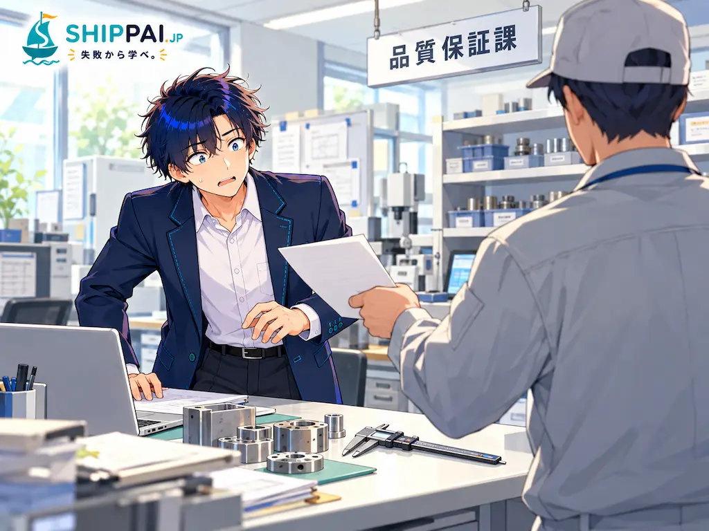 品質保証課の検査室で、現場のリーダーに回答書を差し出され青ざめるまなぶのイラスト