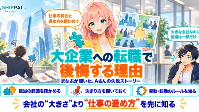 大企業への転職で後悔する理由を紹介するSHIPPAI.JPの記事アイキャッチ。まなぶとみらいのイラスト付き