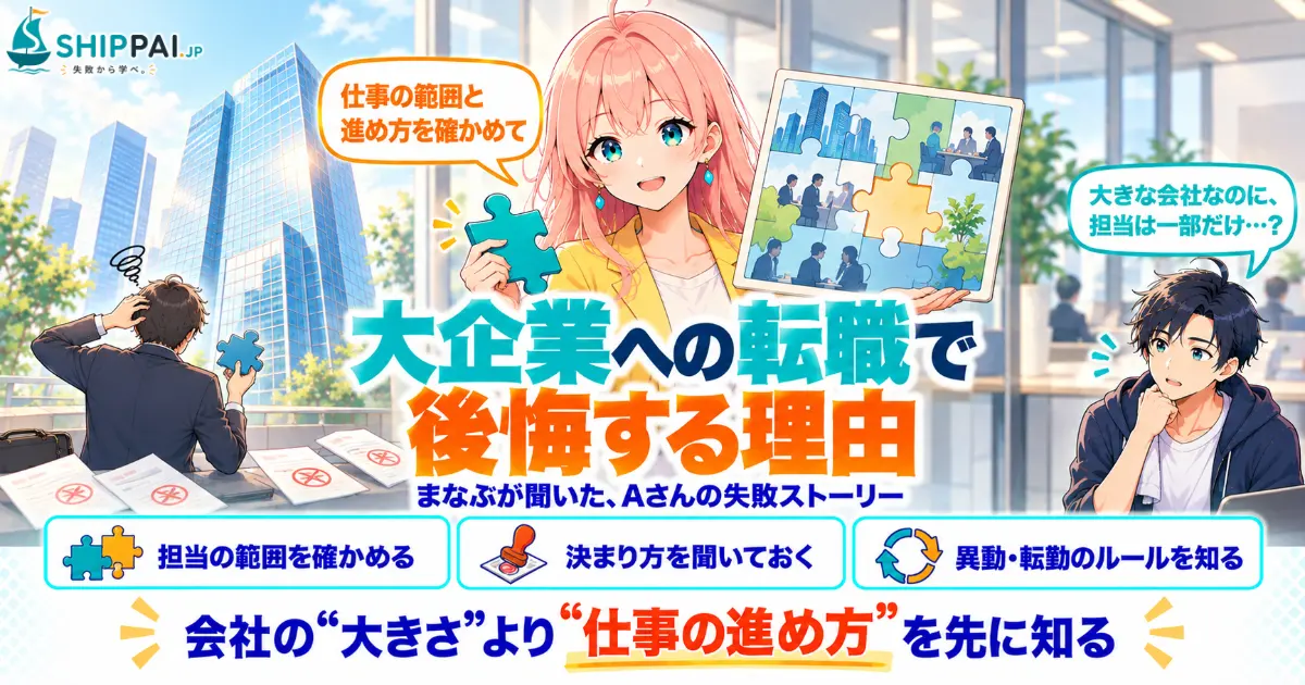 大企業への転職で後悔する理由を紹介するSHIPPAI.JPの記事アイキャッチ。まなぶとみらいのイラスト付き