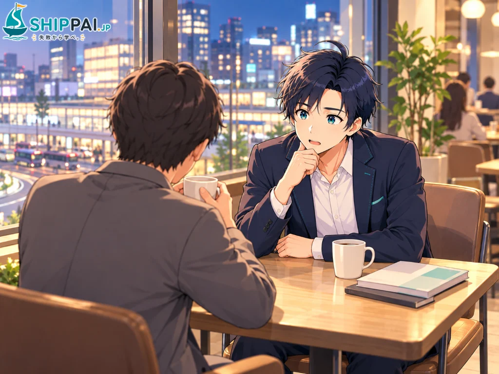 平日の夜、駅ビルのカフェで、スタートアップから大企業へ転職した英会話教室の知り合いのAさんの話を聞くまなぶのイラスト
