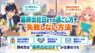 最終出社日までの過ごし方で失敗しない方法を紹介するSHIPPAI.JPの記事アイキャッチ。まなぶとみらいのイラスト付き