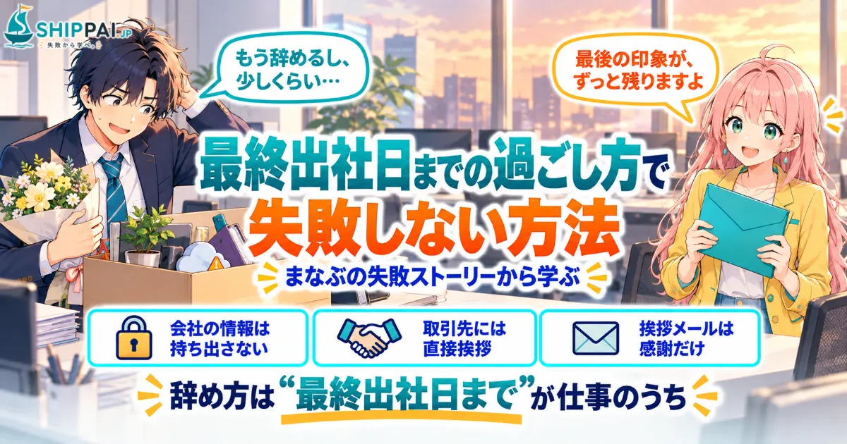 最終出社日までの過ごし方で失敗しない方法を紹介するSHIPPAI.JPの記事アイキャッチ。まなぶとみらいのイラスト付き