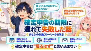 確定申告の期限に遅れて失敗した話を紹介するSHIPPAI.JPの記事アイキャッチ。まなぶとみらいのイラスト付き