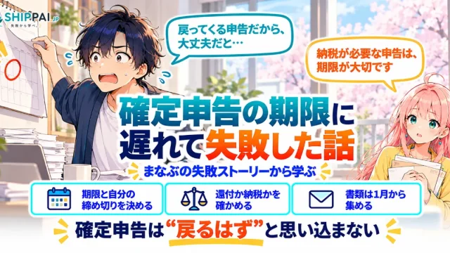 確定申告の期限に遅れて失敗した話を紹介するSHIPPAI.JPの記事アイキャッチ。まなぶとみらいのイラスト付き