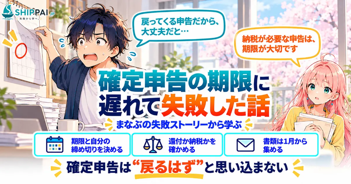 確定申告の期限に遅れて失敗した話を紹介するSHIPPAI.JPの記事アイキャッチ。まなぶとみらいのイラスト付き