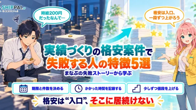 実績づくりの格安案件で失敗する人の特徴5選を紹介するSHIPPAI.JPの記事アイキャッチ。まなぶとみらいのイラスト付き