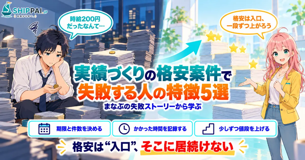 実績づくりの格安案件で失敗する人の特徴5選を紹介するSHIPPAI.JPの記事アイキャッチ。まなぶとみらいのイラスト付き