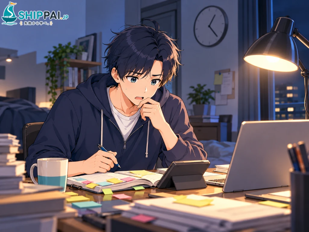 深夜の自宅で、副業の時給を電卓で計算して愕然とするまなぶのイラスト