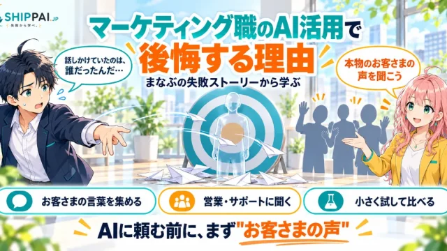 マーケティング職のAI活用で後悔する理由を紹介するSHIPPAI.JPの記事アイキャッチ。まなぶとみらいのイラスト付き