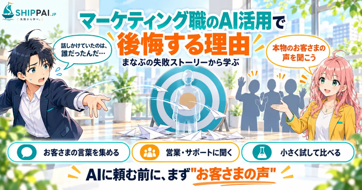 マーケティング職のAI活用で後悔する理由を紹介するSHIPPAI.JPの記事アイキャッチ。まなぶとみらいのイラスト付き