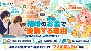 結婚のお金で後悔する理由を紹介するSHIPPAI.JPの記事アイキャッチ。まなぶとみらいのイラスト付き