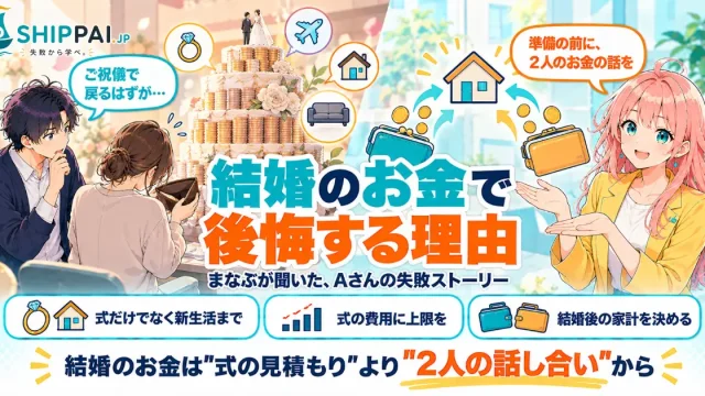 結婚のお金で後悔する理由を紹介するSHIPPAI.JPの記事アイキャッチ。まなぶとみらいのイラスト付き