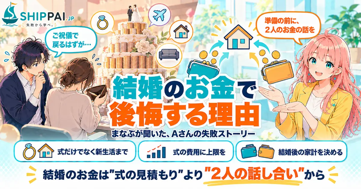 結婚のお金で後悔する理由を紹介するSHIPPAI.JPの記事アイキャッチ。まなぶとみらいのイラスト付き