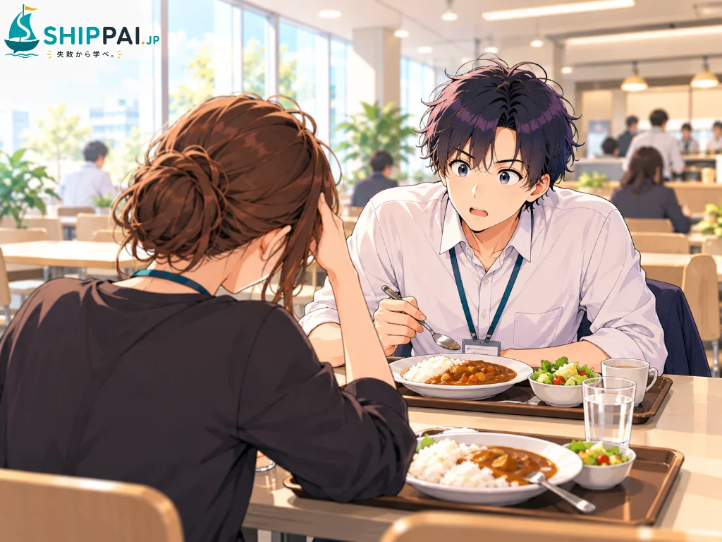 会社の社員食堂で、結婚のお金で苦労した同じ部署のAさんの話を、スプーンを止めて真剣に聞くまなぶのイラスト