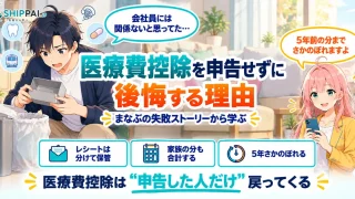 医療費控除を申告せずに後悔する理由を紹介するSHIPPAI.JPの記事アイキャッチ。まなぶとみらいのイラスト付き
