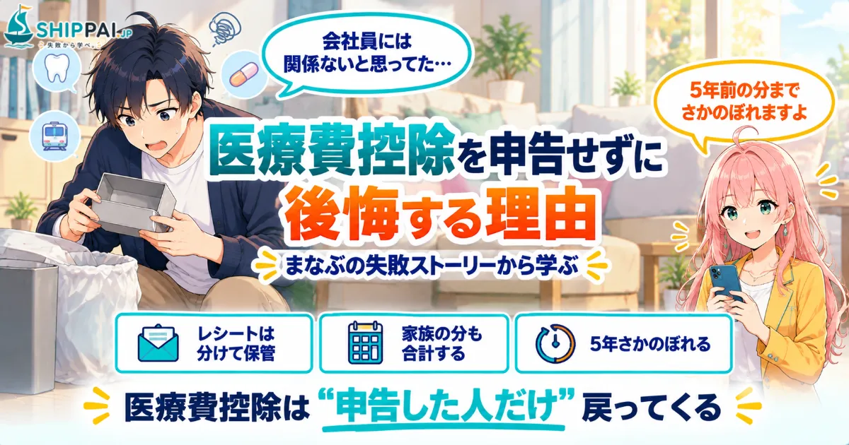 医療費控除を申告せずに後悔する理由を紹介するSHIPPAI.JPの記事アイキャッチ。まなぶとみらいのイラスト付き