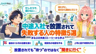 中途入社で放置されて失敗する人の特徴5選を紹介するSHIPPAI.JPの記事アイキャッチ。まなぶとみらいのイラスト付き