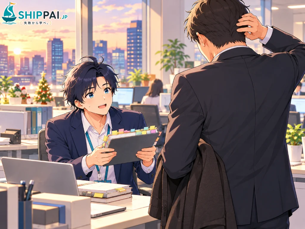 入社して2週間後、出張から戻った上司に、たまっていた質問をびっしり書いたノートを差し出すまなぶのイラスト