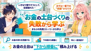 お金の土台づくりの失敗から学ぶポイントを紹介するSHIPPAI.JPの記事アイキャッチ。まなぶとみらいのイラスト付き