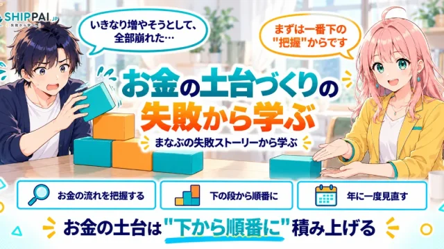 お金の土台づくりの失敗から学ぶポイントを紹介するSHIPPAI.JPの記事アイキャッチ。まなぶとみらいのイラスト付き
