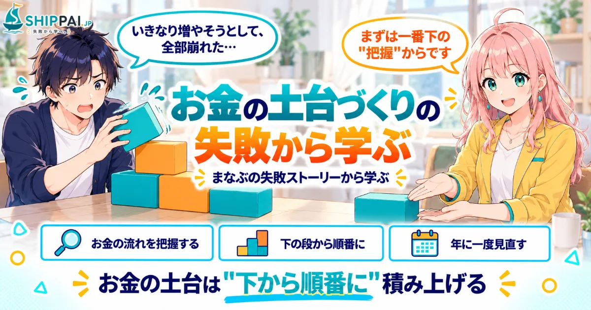 お金の土台づくりの失敗から学ぶポイントを紹介するSHIPPAI.JPの記事アイキャッチ。まなぶとみらいのイラスト付き