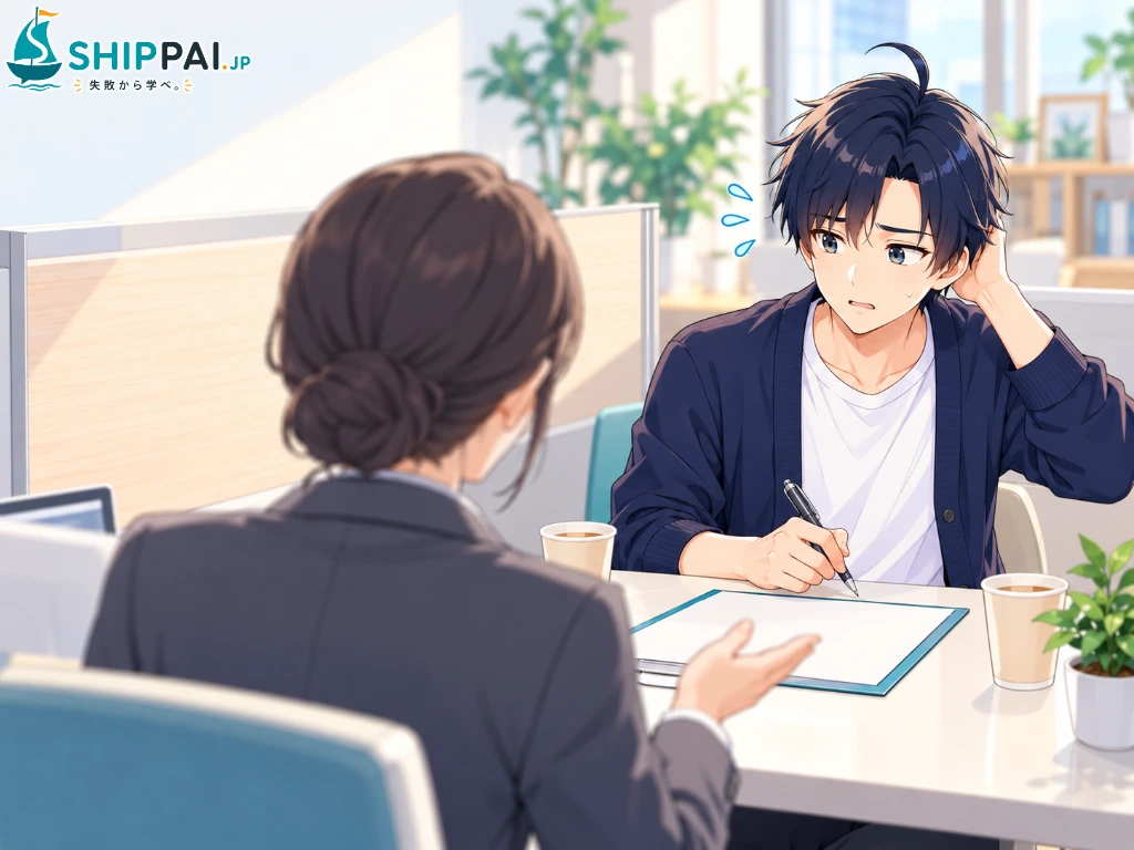 お金の相談ブースで、白紙の家計表を前にペンが止まり答えに詰まるまなぶのイラスト