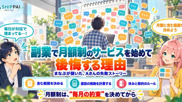 副業で月額制のサービスを始めて後悔する理由を紹介するSHIPPAI.JPの記事アイキャッチ。まなぶとみらいのイラスト付き