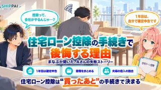住宅ローン控除の手続きで後悔する理由を紹介するSHIPPAI.JPの記事アイキャッチ。まなぶとみらいのイラスト付き