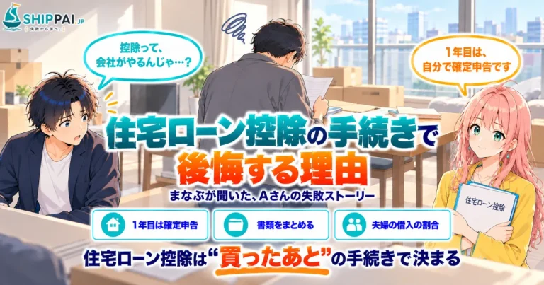 住宅ローン控除の手続きで後悔する理由を紹介するSHIPPAI.JPの記事アイキャッチ。まなぶとみらいのイラスト付き