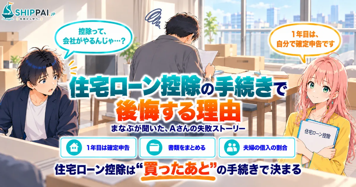 住宅ローン控除の手続きで後悔する理由を紹介するSHIPPAI.JPの記事アイキャッチ。まなぶとみらいのイラスト付き