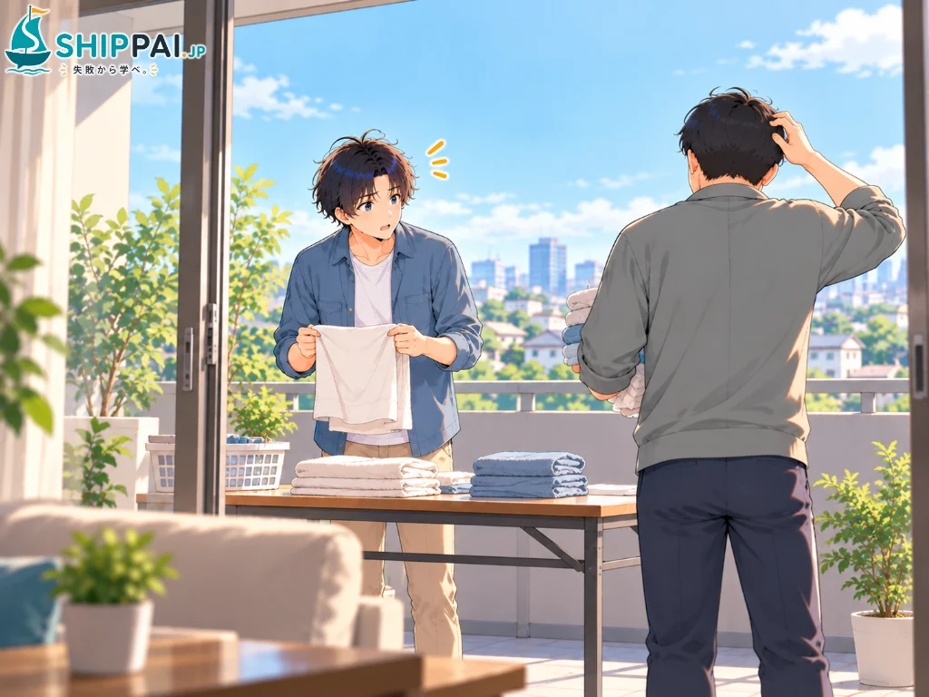 新居のベランダで洗濯物をたたみながら、先輩Aさんから住宅ローン控除の失敗談を聞いて驚くまなぶのイラスト